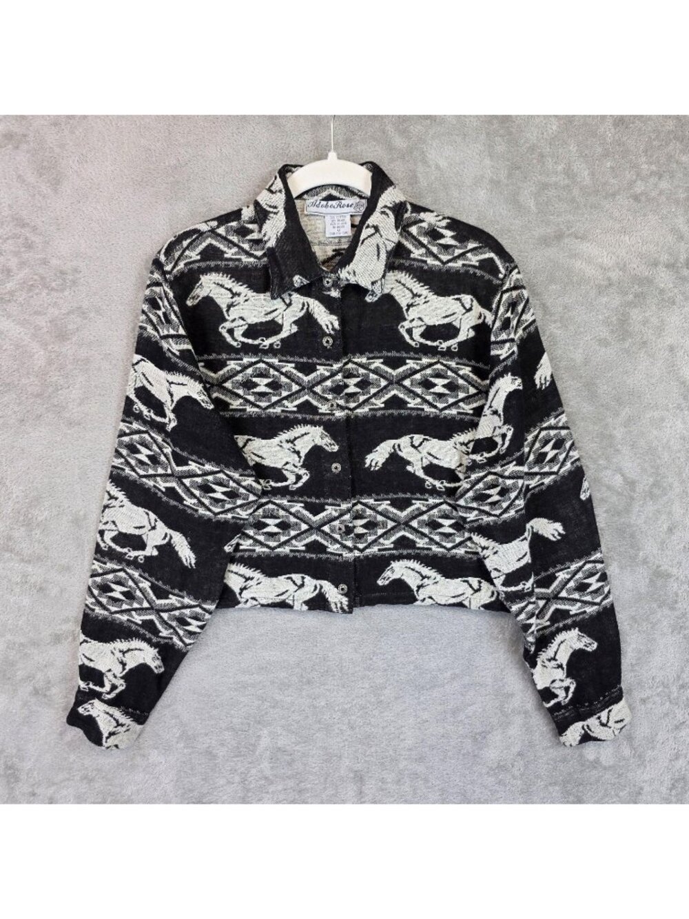 Adobe Rose Button Up Shirt Womens M Black Horse Western Cropped Southwest VTG